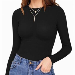 Black Long Sleeve Bodysuit Crew Neck Basic T Shirts Body suit Medium FTu